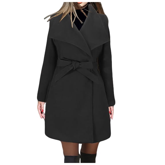 Women's Plus Size Trench Coat Classic Lapel Overcoat Long Sleeve Winter Warm Mid Length Belted Jacket Outerwear