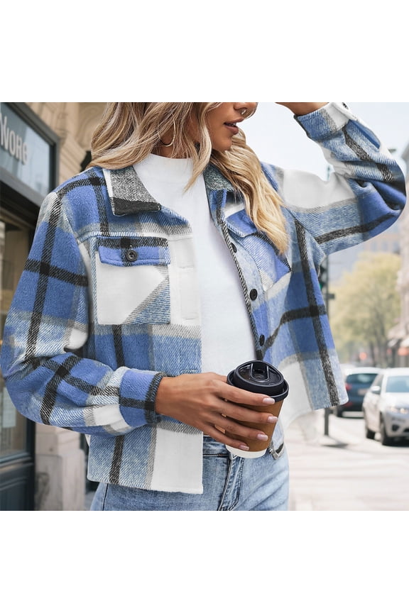 Women's Plus Size Trendy Cropped Jacket with Checkered Pattern and Double Pockets for Fashionable Casual Use