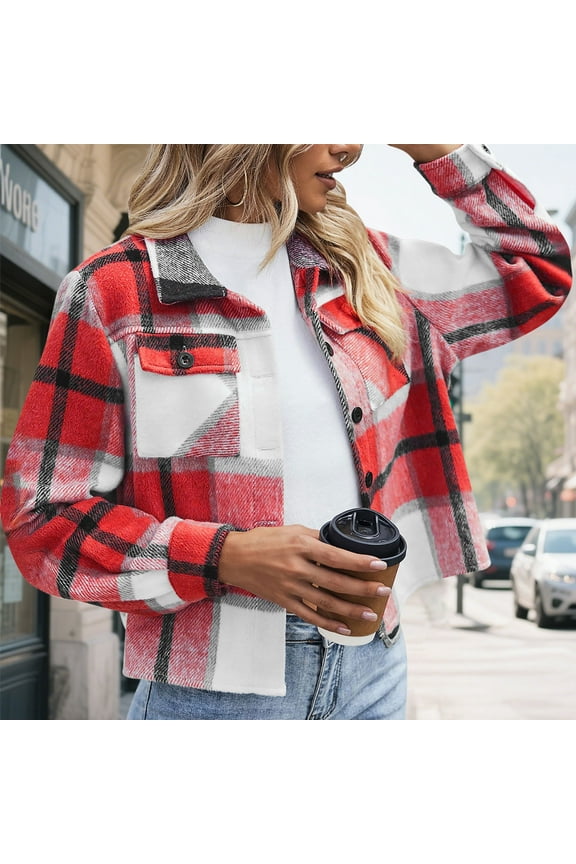 Women's Plus Size Trendy Cropped Jacket with Checkered Pattern and Double Pockets for Fashionable Casual Use