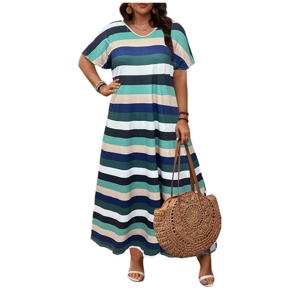 Women's Plus Size Trendy Printed Hem Slit Dress - Blue L