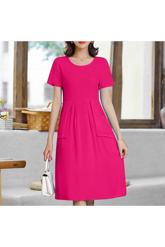 Women's Plus Size Trendy Round Neck Loose Short Sleeve Solid Color Dress - Fuchsia XL