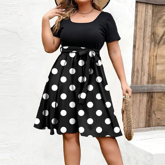 Women's Plus Size Trendy Round Neck Short Sleeve Waist Cinched Print Dress - Black XXXXL