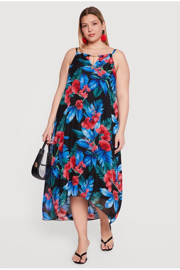 Women's Plus Size Tropical Floral Print Sharkbite Hem Dress