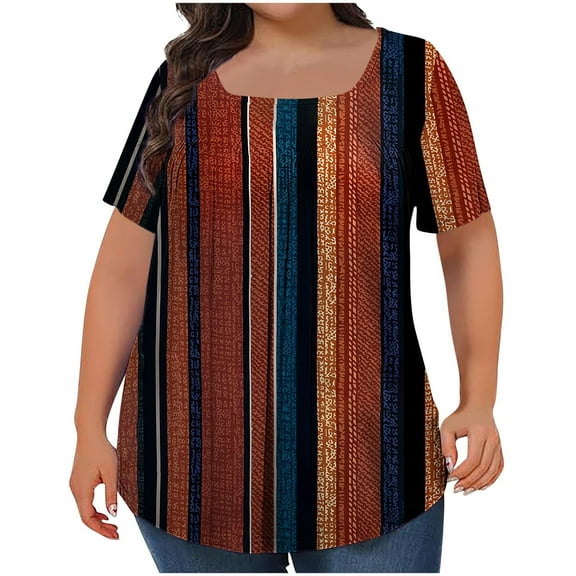 Women's Plus Size Tshirts Cotton Pleated Short Sleeve Tops for Women Summer Casual Loose Square Neck Blouses Flowy (Brown XXXXL)