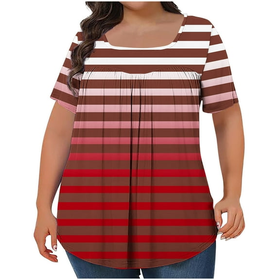 Women's Plus Size Tshirts Cotton Pleated Short Sleeve Tops for Women Summer Casual Loose Square Neck Blouses Flowy (Wine XXXXXL)