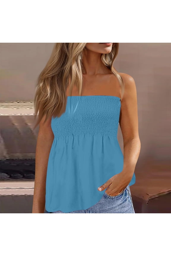 Women's Plus Size Tube Tops Strapless Blouse Pleated Sleeveless Stretchy Sleeveless Flare Hem Tube Blue S