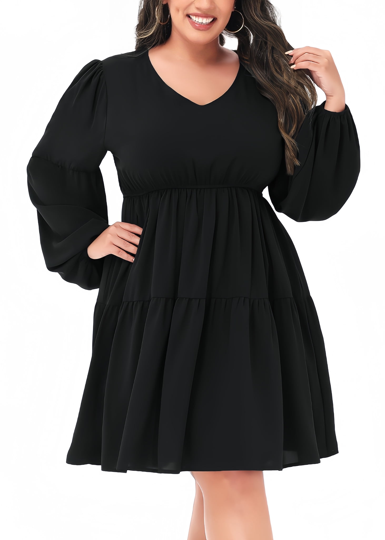 Women's Plus Size Tunic Dress V Neck Long Sleeve Smocked Women's Plus Size Tunic Dress V Neck Long Sleeve Smocked