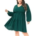 thumbnail image 1 of Women's Plus Size Tunic Dresses V Neck Bishop Long Sleeve Smocked Casual Loose Shift Swing Dress, Dark Green, XX-Large, 1 of 5