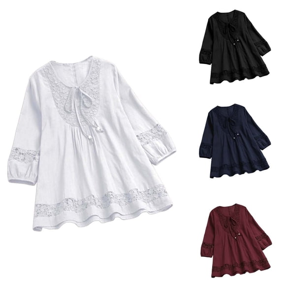 Women's Plus Size Tunic Lace Detail Pleated Design Long Sleeve Blouse