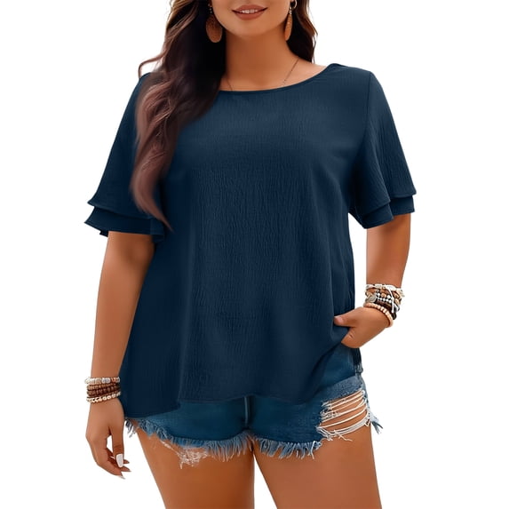 Women's Plus Size Tunic for Women Double Ruffle Short Sleeve Clothes Loose Fit Clothing Flowy Shirts Summer Tops, Navy - M