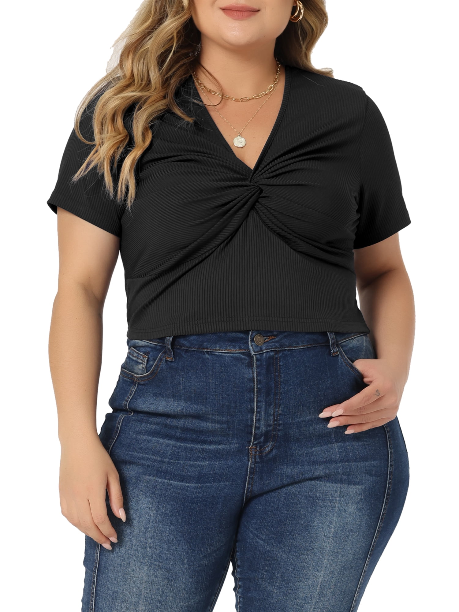 Women's Plus Size Twist Front V Neck Ribbed Short Sleeve Casual Solid Blouses Black 2X