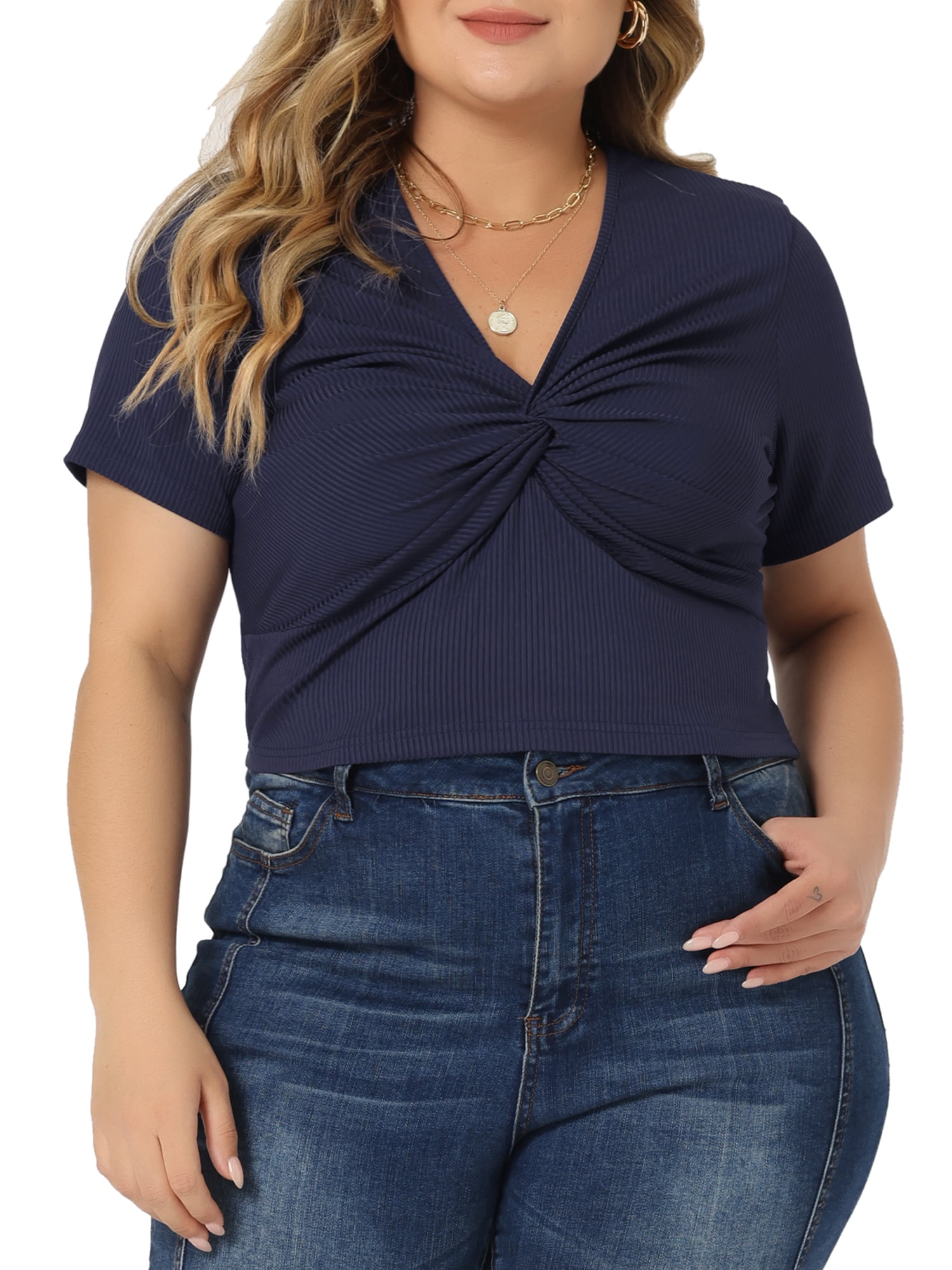 Women's Plus Size Twist Front V Neck Ribbed Short Sleeve Casual Solid Blouses Navy Blue 4X
