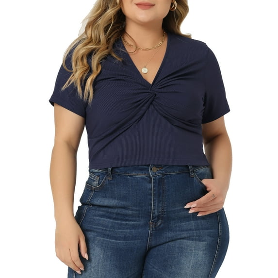 Women's Plus Size Twist Front V Neck Ribbed Short Sleeve Casual Solid Blouses Navy Blue 4X