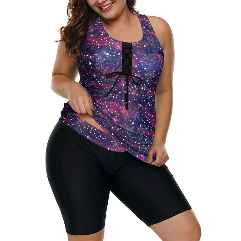 Women s Plus Size Two Piece Bathing Suits Color Block Racerback Tankini Swimsuits with Swim Capris Swimwear for Women Walmart