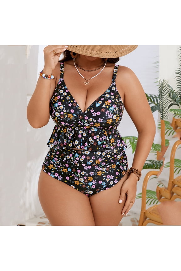 Women's Plus Size Two-Piece Bikini Set Split Swimsuit, Comfortable Swimwear for Beach, Pool, and Vacation, Ideal for Spring Break and Summer Activities Black 2XL
