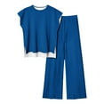 thumbnail image 1 of Women's Plus Size Two Piece Casual Sets Round Neck Cap Sleeve Tops with High Waist Straight Leg Pants Solid Trendy Sets Blue,XL, 1 of 5