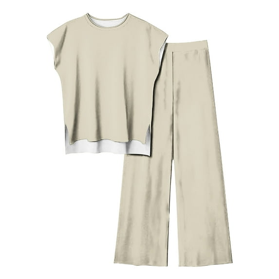 Women's Plus Size Two Piece Casual Sets Round Neck Cap Sleeve Tops with High Waist Straight Leg Pants Solid Trendy Sets White,XL