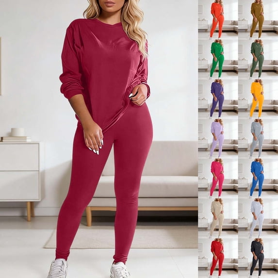 Women's Plus Size Two Piece Outfits Sweatsuits Sets Casual Long Sleeve Tops Baggy Wide Leg Pants Tracksuit Sets GN2 M
