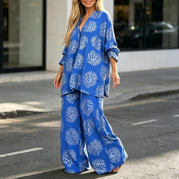 Women's Plus-Size Two-Piece Set Loose, Long-Sleeved Top Bottom with Foil-Print Detail 2026 Fall Fashion Outfits(Blue,S)