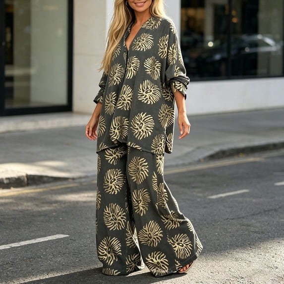 Women's Plus-Size Two-Piece Set Loose, Long-Sleeved Top Bottom with Foil-Print Detail 2026 Fall Fashion Outfits(Grey,S)