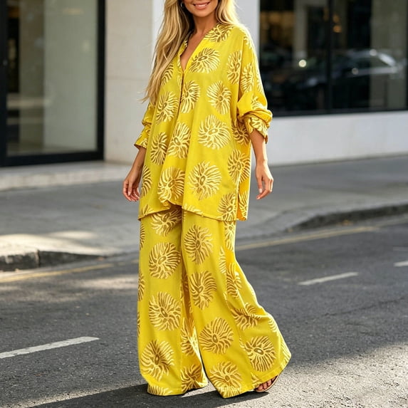 Women's Plus-Size Two-Piece Set Loose, Long-Sleeved Top Bottom with Foil-Print Detail 2026 Fall Fashion Outfits(Yellow,L)