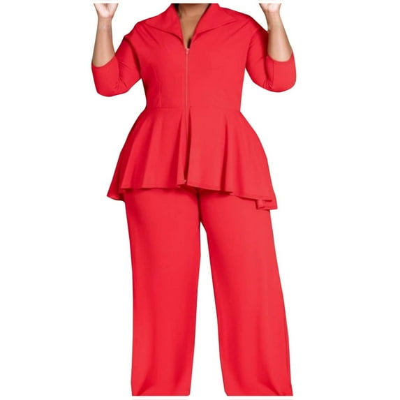 Women's Plus Size Two Piece Sets Long Sleeve Zip up Peplum Tops Wide Leg Pant Suits Fall Business Casual Outfits New Two Piece Pants Set for Women Work Red 3XL