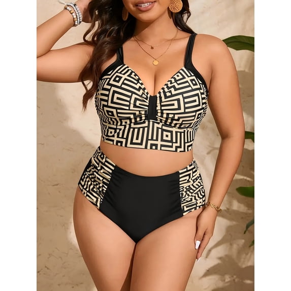 Women's Plus Size Two Piece Swimsuit, Retro Geometric Print High Waisted Bathing Suit
