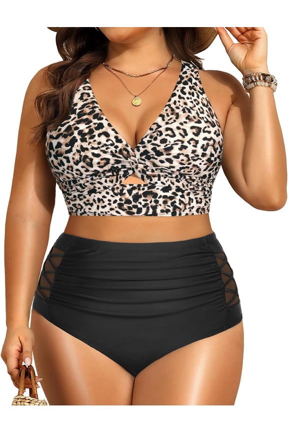 Women's Plus Size Two Piece Swimsuits - High Waisted Bikini Tummy Control Bathing Suits 2026 Twist Knot Swimwear