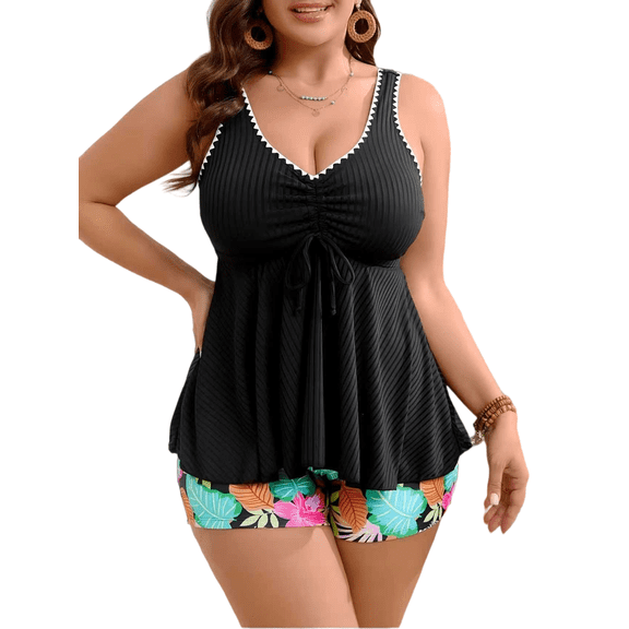 Women's Plus Size Two Piece Tankini Swimsuit, Ribbed V-Neck Ruched Drawstring Flowy Tank Top with Tropical Leaf Print Boyshort Bottom, Tummy Control Modest Bathing Suit for Beach Pool Vacation