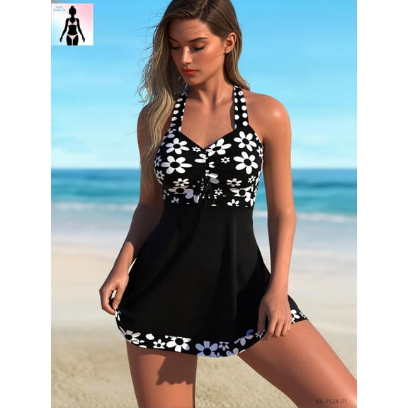 Women's Plus Size Two-Piece Tankini Swimsuit Set Floral Halter V-Neck Black