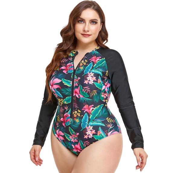 Women's Plus Size UPF 50+ Active Rashguard One Piece Long Sleeve Swimsuit Zipper Surfing Swimwear
