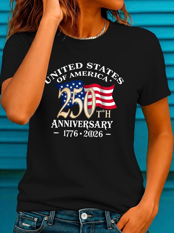 Women's Plus Size USA 250th Anniversary T-Shirt, short sleeve crew neck blouse-top. Casual & athletic wear for spring/summer. Machine washable stretch fabric, lettering print, not for layering