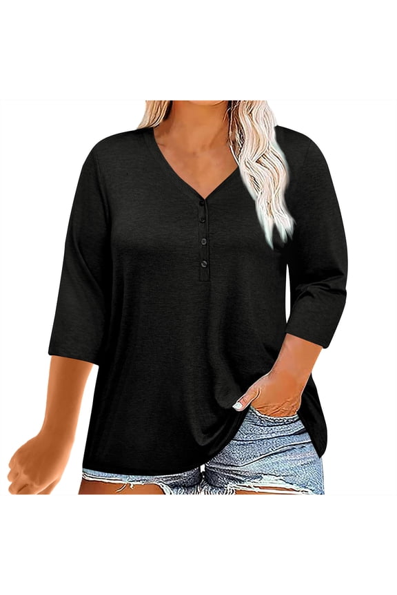 Women's Plus Size V-Neck 3/4 Sleeve Casual Tunic T-Shirts, Loose Fit Basic Tops for Everyday Wear, Comfortable and Stylish, Available in Solid Colors, Perfect for Spring and Summer, Sizes Up to 3X