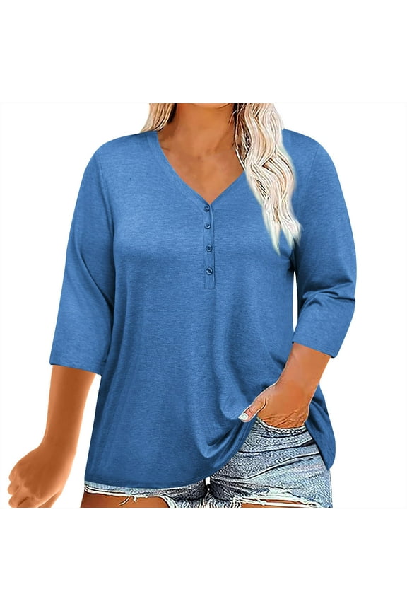 Women's Plus Size V-Neck 3/4 Sleeve Casual Tunic T-Shirts, Loose Fit Basic Tops for Everyday Wear, Comfortable and Stylish, Available in Solid Colors, Perfect for Spring and Summer, Sizes Up to 3X