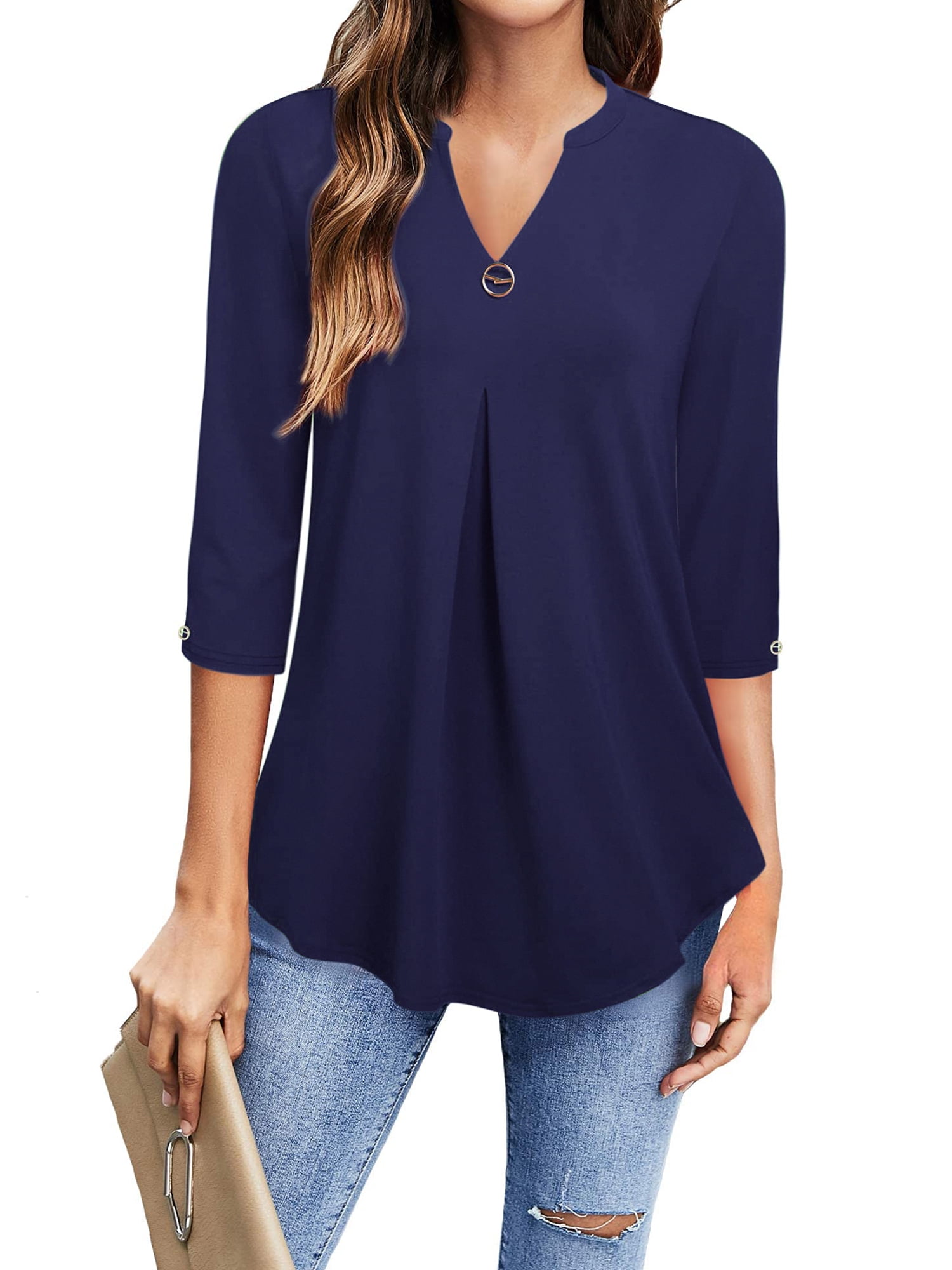 Women's Plus Size V Neck 3/4 Sleeve Shits Flowy Pleated Tunic Tops ...