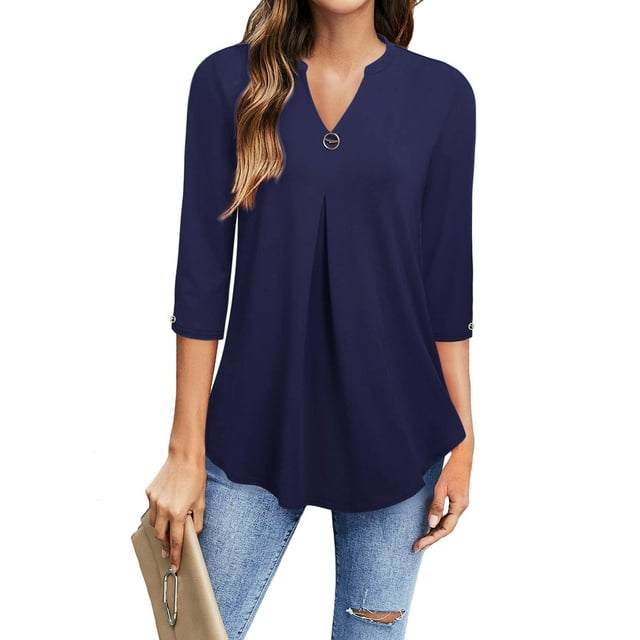 Women's Plus Size V Neck 3/4 Sleeve Shits Flowy Pleated Tunic Tops ...
