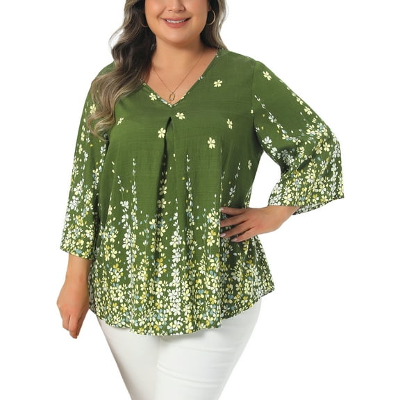 Agnes Orinda Women's Plus Size Boho Tops Floral V Neck 3/4 Sleeve T-Shirt Summer Casual Blouse 2X Green