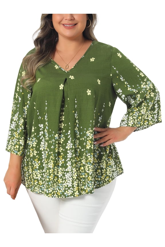 Women's Plus Size Boho Tops Floral V Neck 3/4 Sleeve T-Shirt Summer Casual Blouse 2X Green