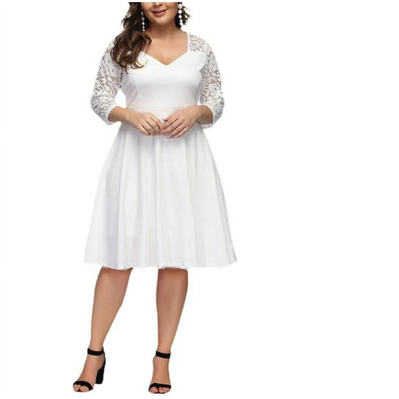 Women's Plus Size V-Neck Back Zipper Banded High Waist Lace Accent 3/4 Sleeves Elegant A-Line Skater Dress 3XL