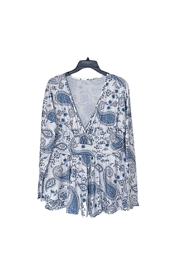 Women's Plus Size V-Neck Banded Waist Wrap Long Sleeve Paisley Print Tiered Promenade Top 3XL