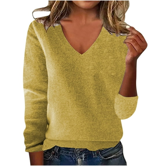Women's Plus Size V Neck Cozy Sweaters Loose Long Sleeves Ladies Knitted Pullover Casual Solid Sweater Tops