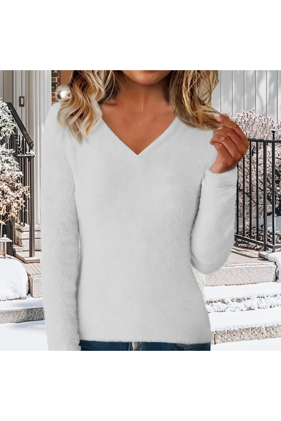 Women's Plus Size V Neck Fleece Lined Sweater, Long Sleeve Fuzzy Plush Pullover, Soft Double-Sided Loose Fit Top for Winter Warmth, Casual Loungewear and Daily Comfort White XXXL