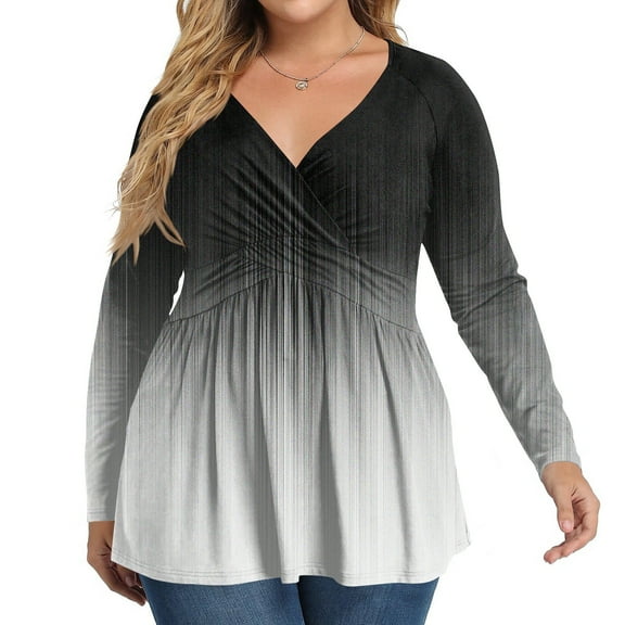Women's Plus Size V Neck Long Sleeve Tops Casual Fashion Gradient Printed Blouse Spring Autumn Lightweight Pullover Top Ladies' Plus Size Sexy Slim Fit Long-Sleeve T-shirt