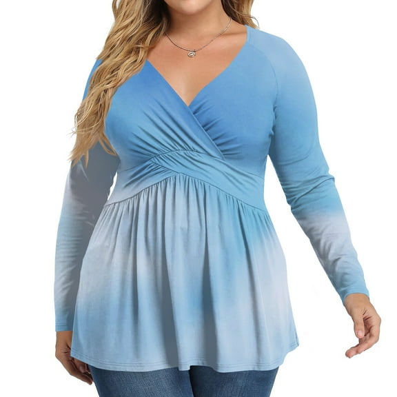 Women's Plus Size V Neck Long Sleeve Tops Casual Fashion Gradient Printed Blouse Spring Autumn Lightweight Pullover Top Ladies' Plus Size Sexy Slim Fit Long-Sleeve T-shirt