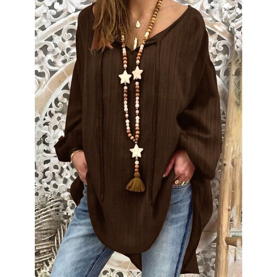 Women's Plus Size V-Neck Loose Fit Tunic Top, Long Sleeve Pullover Blouse with Side Slit for Vacation, Beach, Everyday & Casual Wear