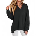 thumbnail image 1 of Women's Plus Size V-Neck Pullover Black Sweatshirt - Casual Oversized Long Sleeve Top, Solid, Spring/Autumn/Winter, S-2XL, 1 of 7