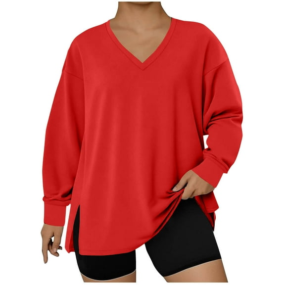 Women's Plus Size V-Neck Pullover with a Stylish Hem Slit and Long Sleeves for a Flattering Fashionable Look