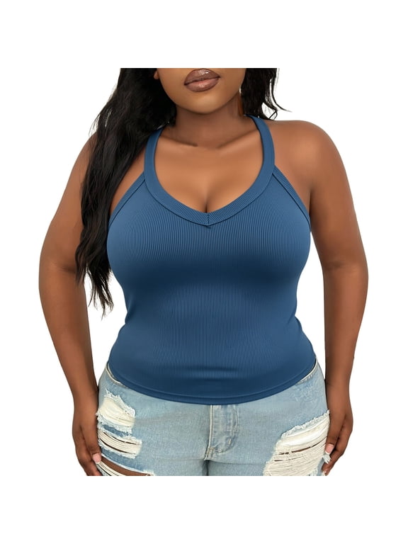 Women's Plus Size V Neck Ribbed Halter Tank Top, Sleeveless Cropped Fitted Cami for Summer, for Going Out, Layering or Casual Daily Wear (without Padding) Blue XXL