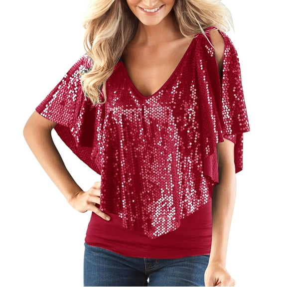 Women's Plus Size V Neck Sequin T Shirt Strapless Shawl Sleeve Solid Color Casual Tops for Women Stylish Comfortable Blouse