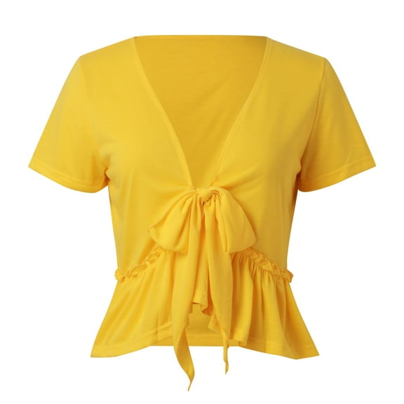 Women's Plus Size V Neck Short Sleeve Blouse Ruffle Hem Tie Front Crop Top Lightweight Summer Casual Tunic Shirt